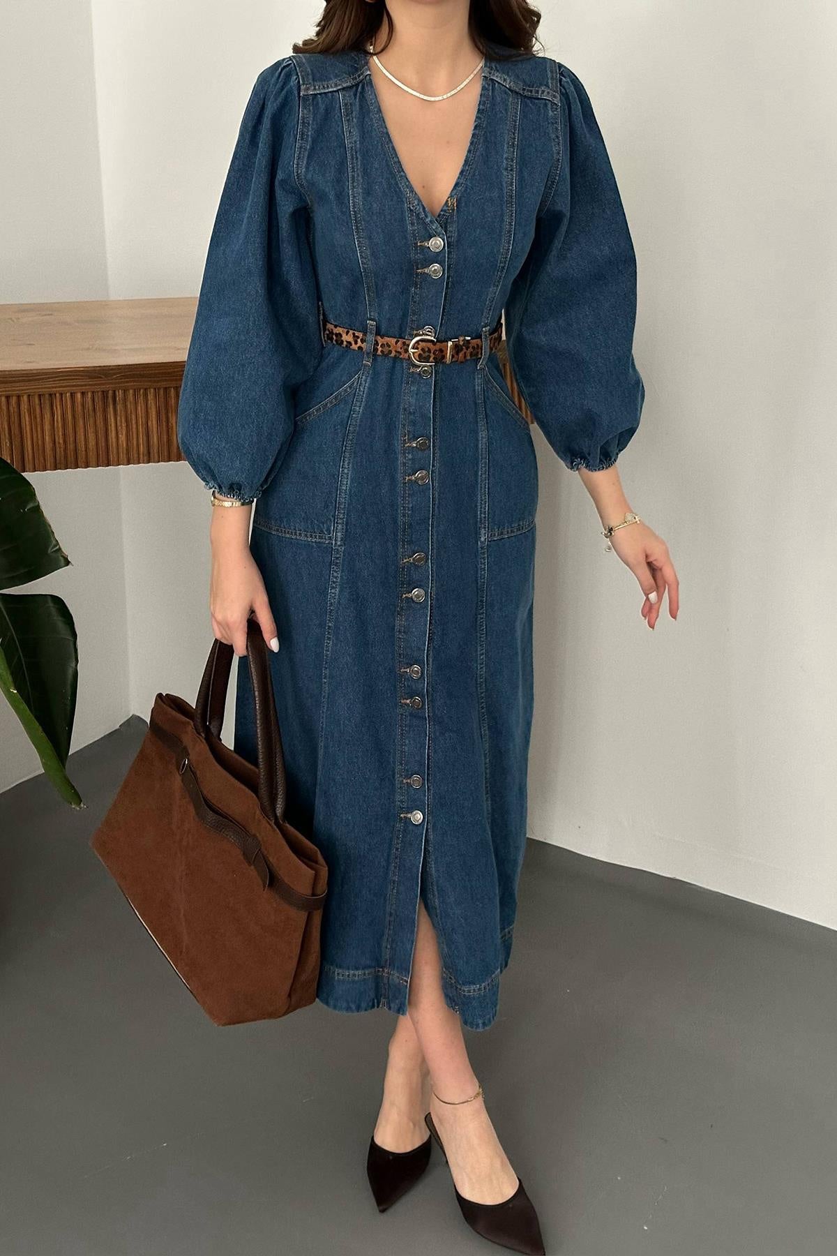 Robe en jean à manches bouffantes