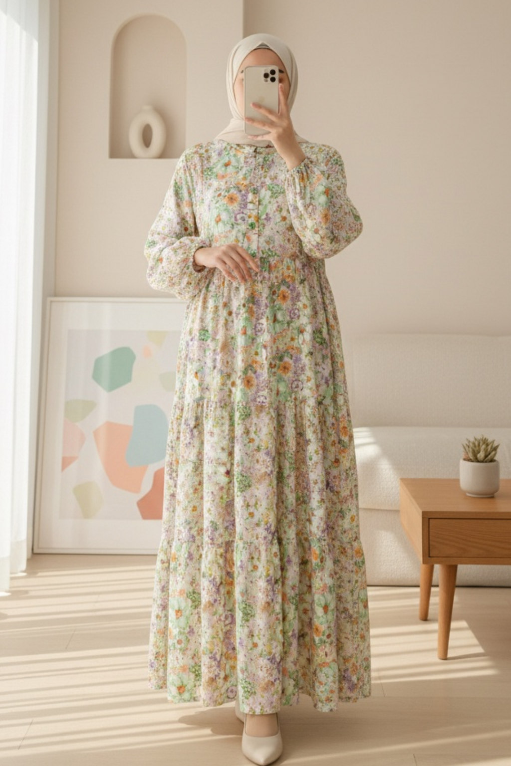 Robe à fleurs avec manches mi-boutonnées et élastiques