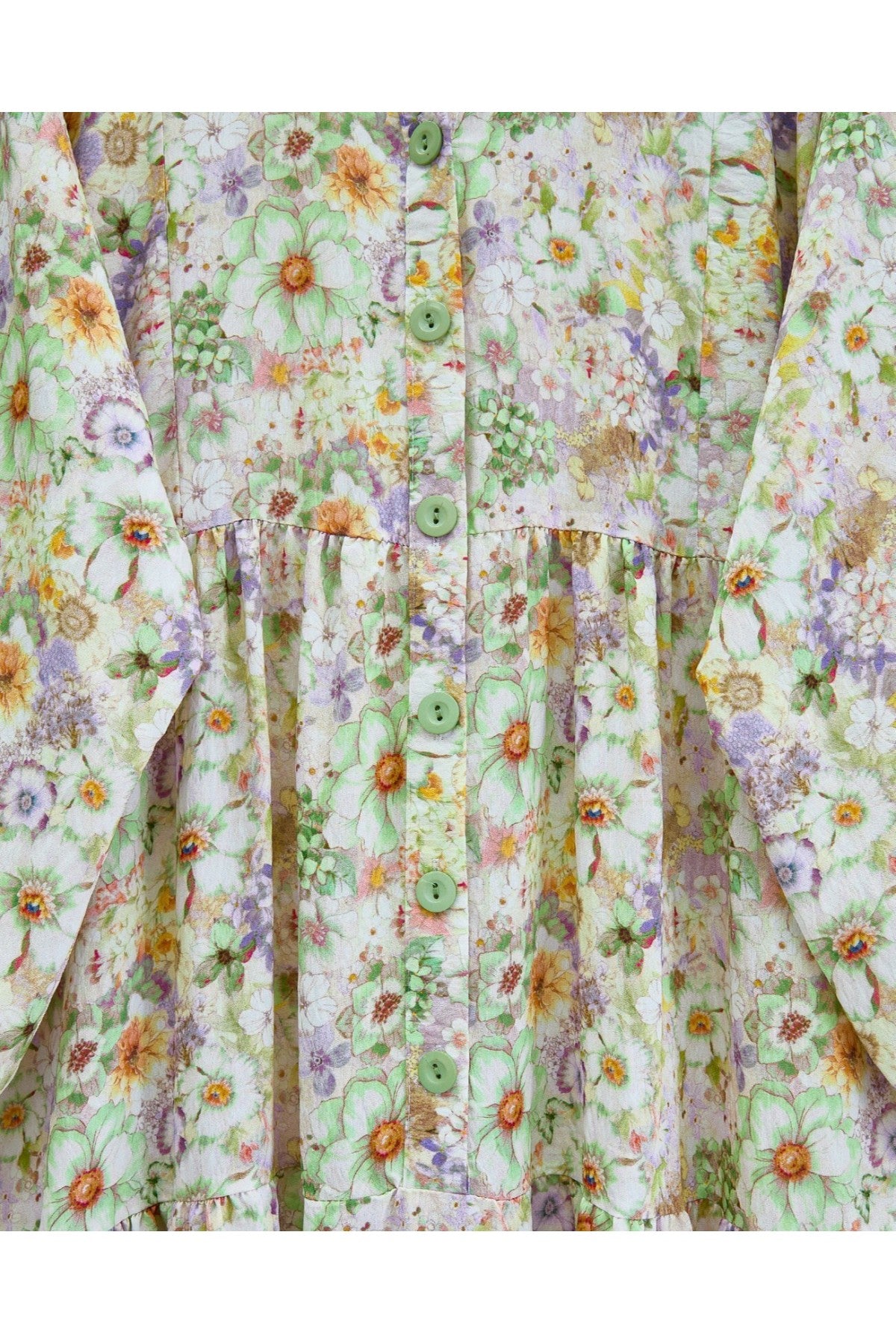 Robe à fleurs avec manches mi-boutonnées et élastiques