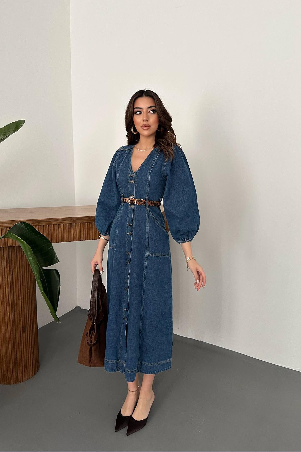 Robe en jean à manches bouffantes
