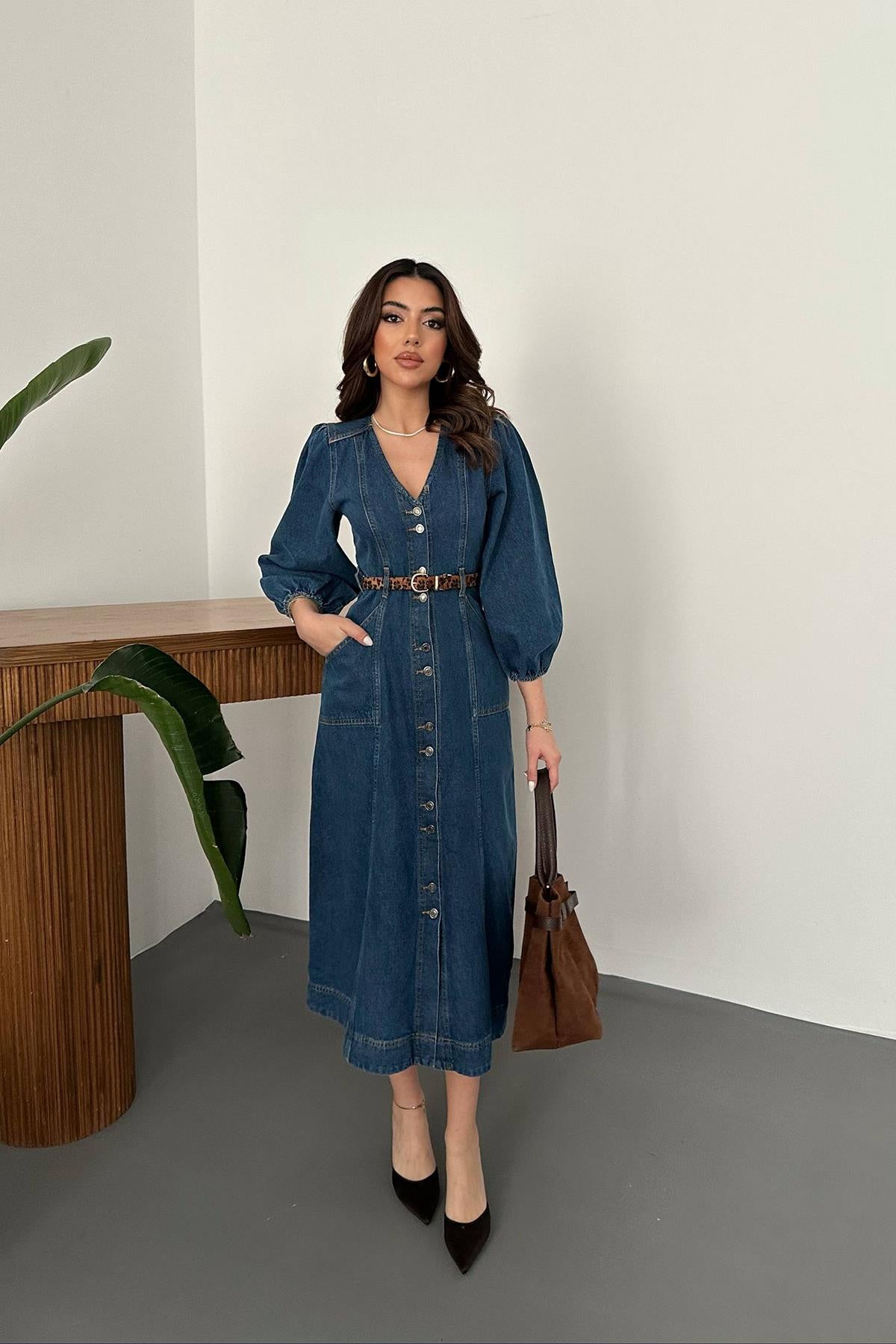 Robe en jean à manches bouffantes