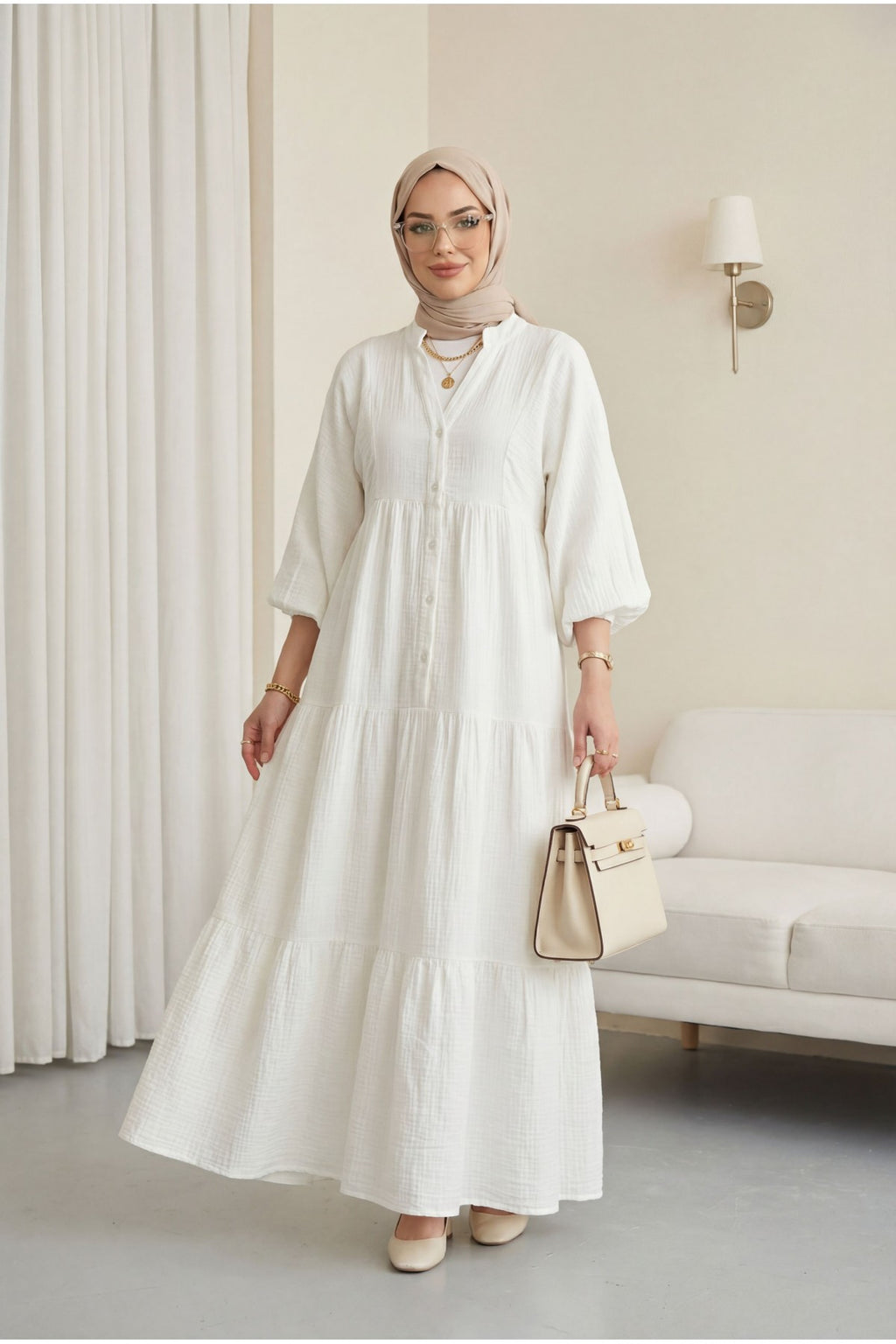 Robe Mousseline Col V longue