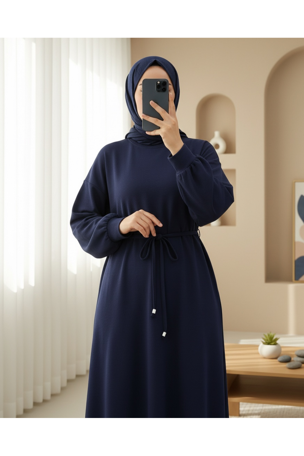 Robe longue en jersey à col rond avec ceinture