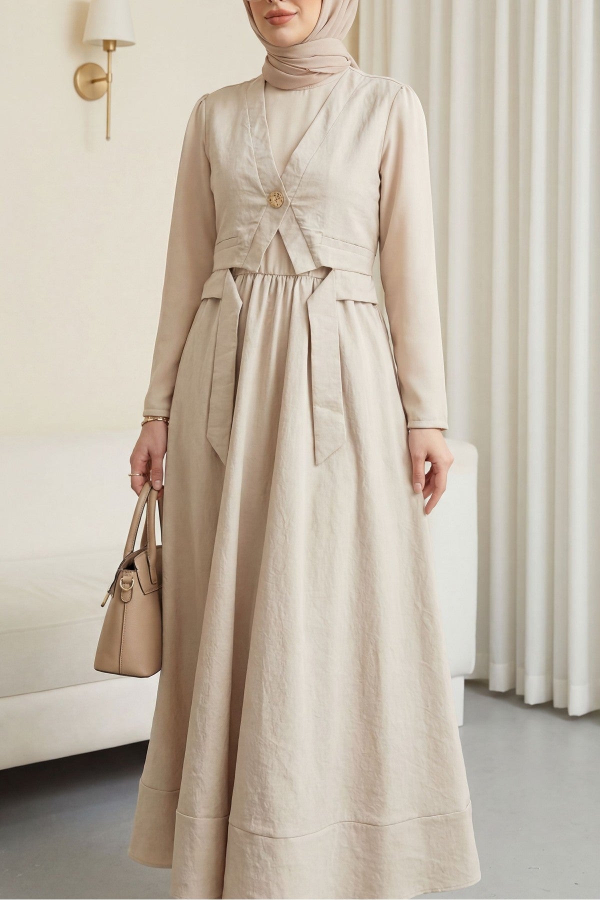 Robe en Cupra avec détail effet gilet et taille elastique