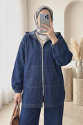 Ensemble pantalon jean fermeture zippee et capuche