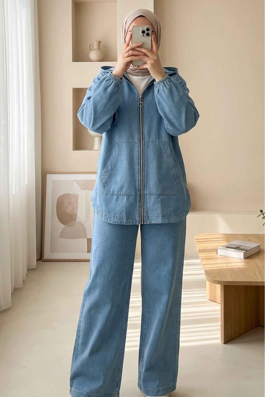 Ensemble pantalon jean fermeture zippee et capuche