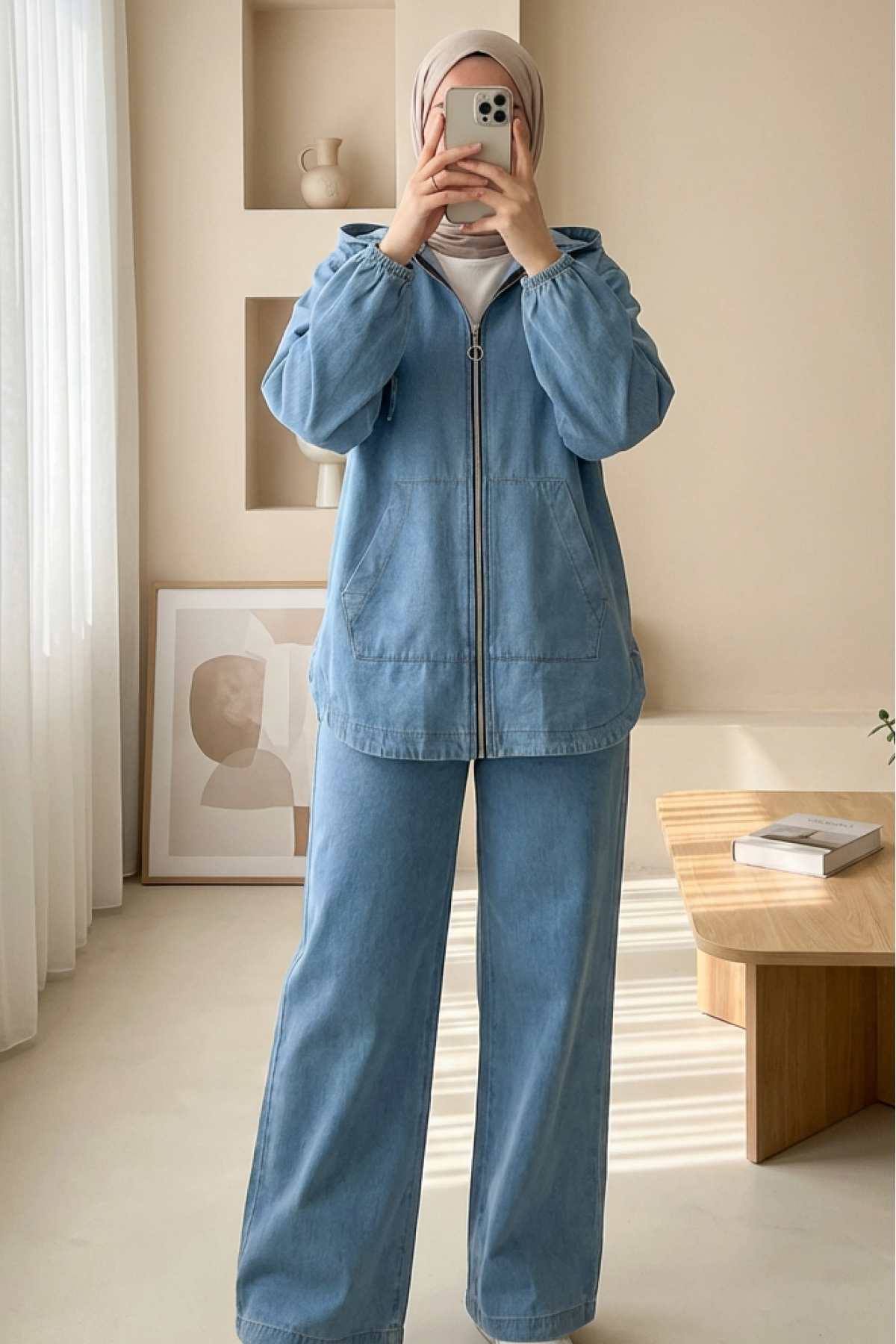Ensemble pantalon jean fermeture zippee et capuche
