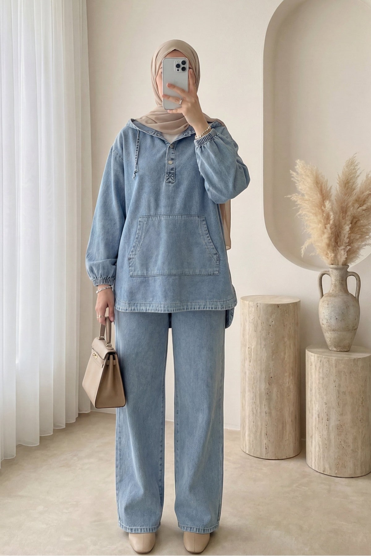 Ensemble pantalon en jean poche kangourou